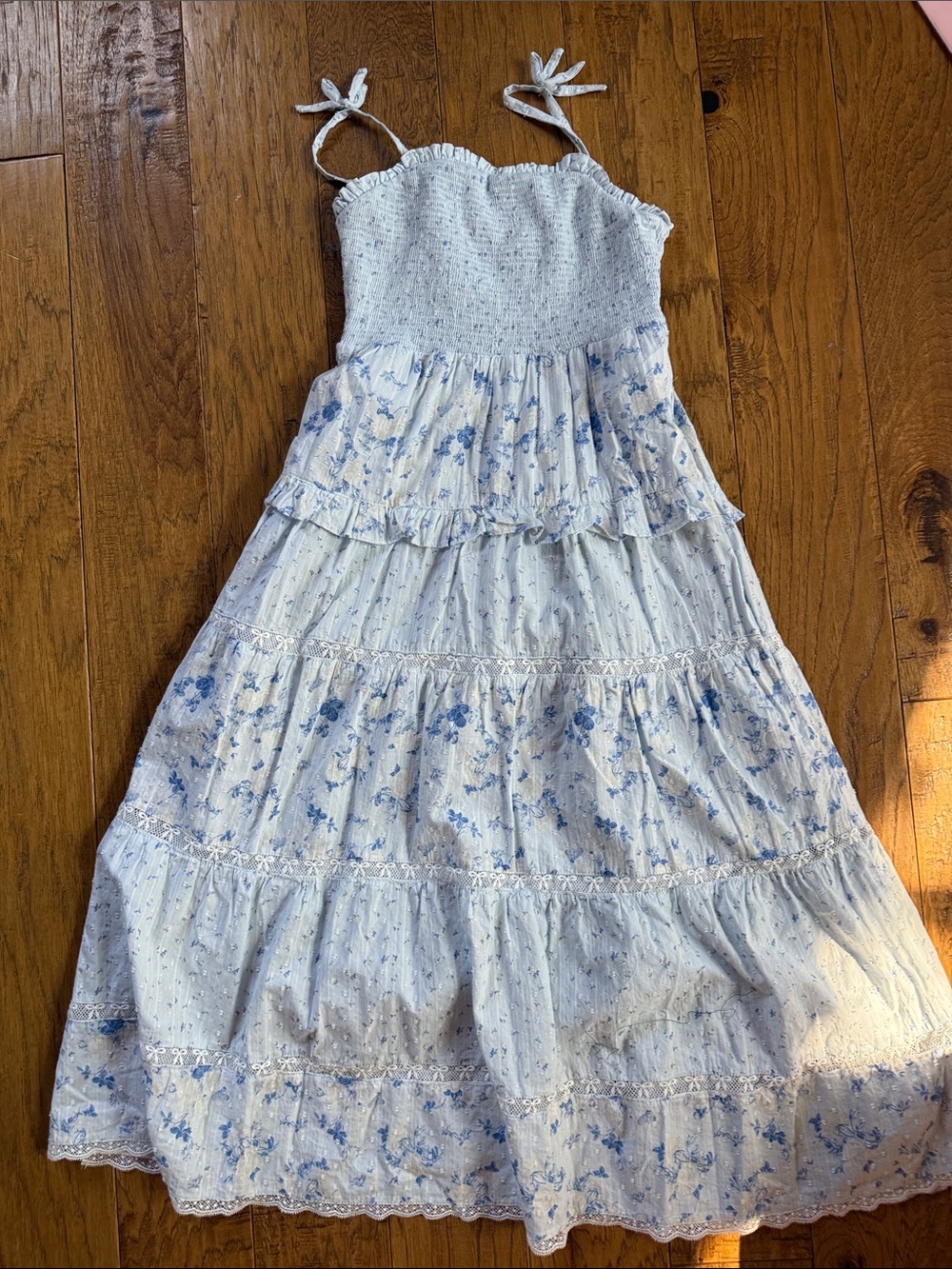 LoveShackFancy x Target Blue White Floral Tiered Maxi Smocked Dress Girls NWT